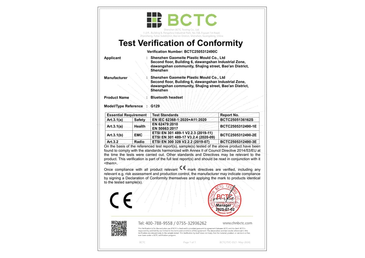 G129 CE RED Test Verification of Conformity certificate